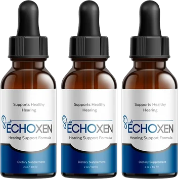 Three EchoXen dropper bottles labeled Hearing Support Formula