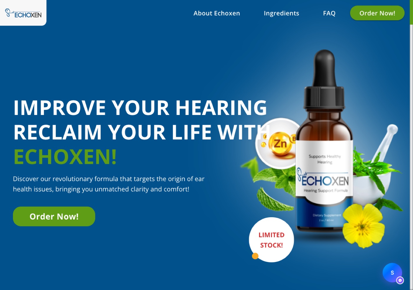 EchoXen sales page banner reading Improve Your Hearing, Reclaim Your Life With EchoXen, with Limited Stock labels and Order Now buttons, above a section titled Support Your Ear Health and Auditory Function Naturally