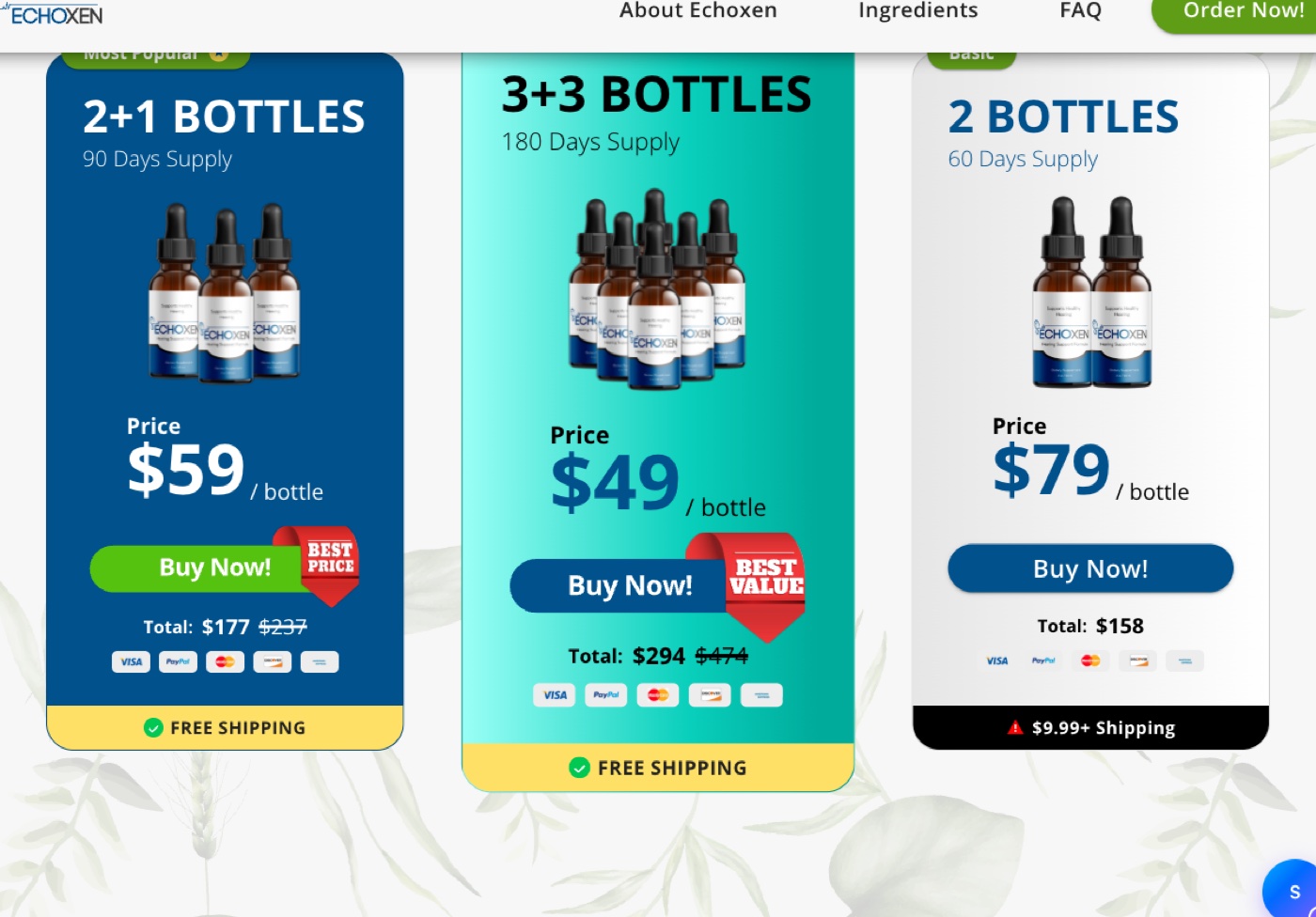 EchoXen price cards: Most Popular 2+1 bottles, 90 days, $59 a bottle, $177 total, crossed-out $237, free shipping; Best Value 3+3 bottles, 180 days, $49 a bottle, $294 total, crossed-out $474, free shipping; Basic 2 bottles, 60 days, $79 a bottle, $158 total, $9.99+ shipping