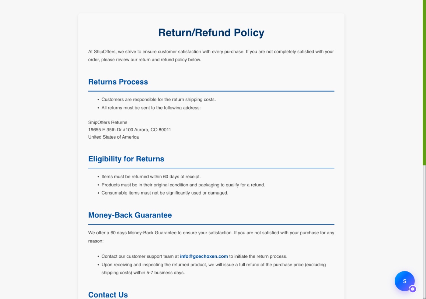 EchoXen Return/Refund Policy page from ShipOffers: customers pay return shipping to ShipOffers Returns, 19655 E 35th Dr #100, Aurora, CO 80011, returns within 60 days of receipt in original condition, consumables not significantly used, 60 days money-back guarantee started by emailing info@goechoxen.com