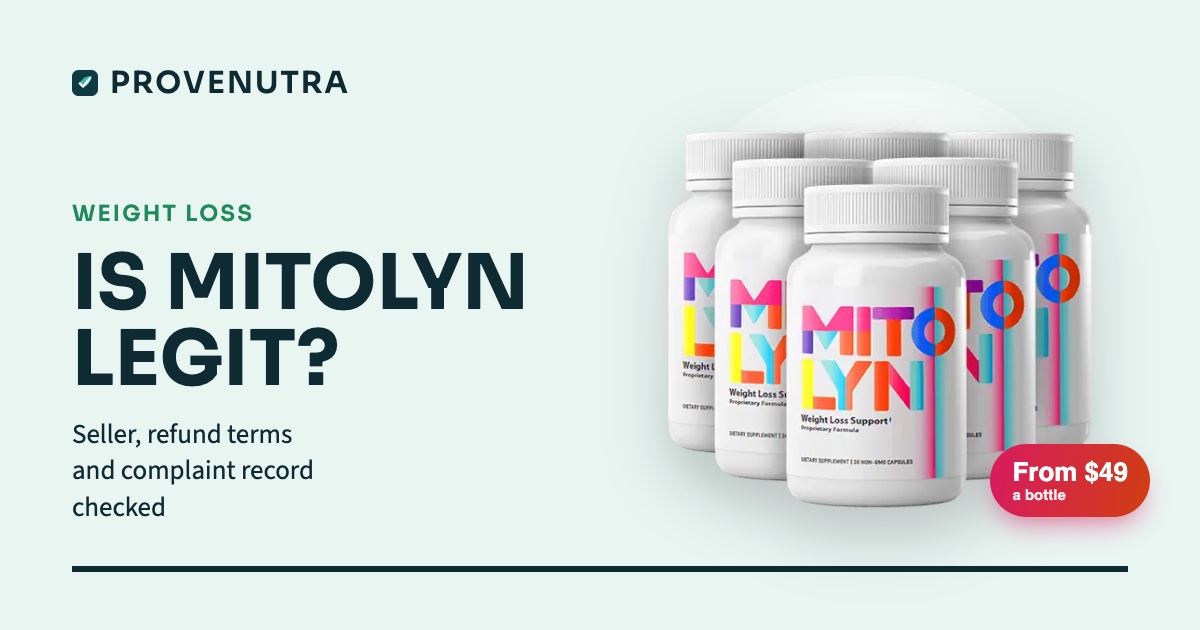 ProveNutra card asking is Mitolyn legit, with six bottles of Mitolyn and a price chip reading from $49 a bottle