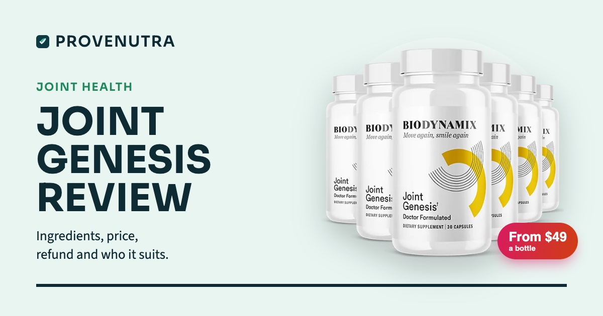 ProveNutra card reading Joint Genesis review, with a six-bottle pack of Joint Genesis and a price chip of from $49 a bottle