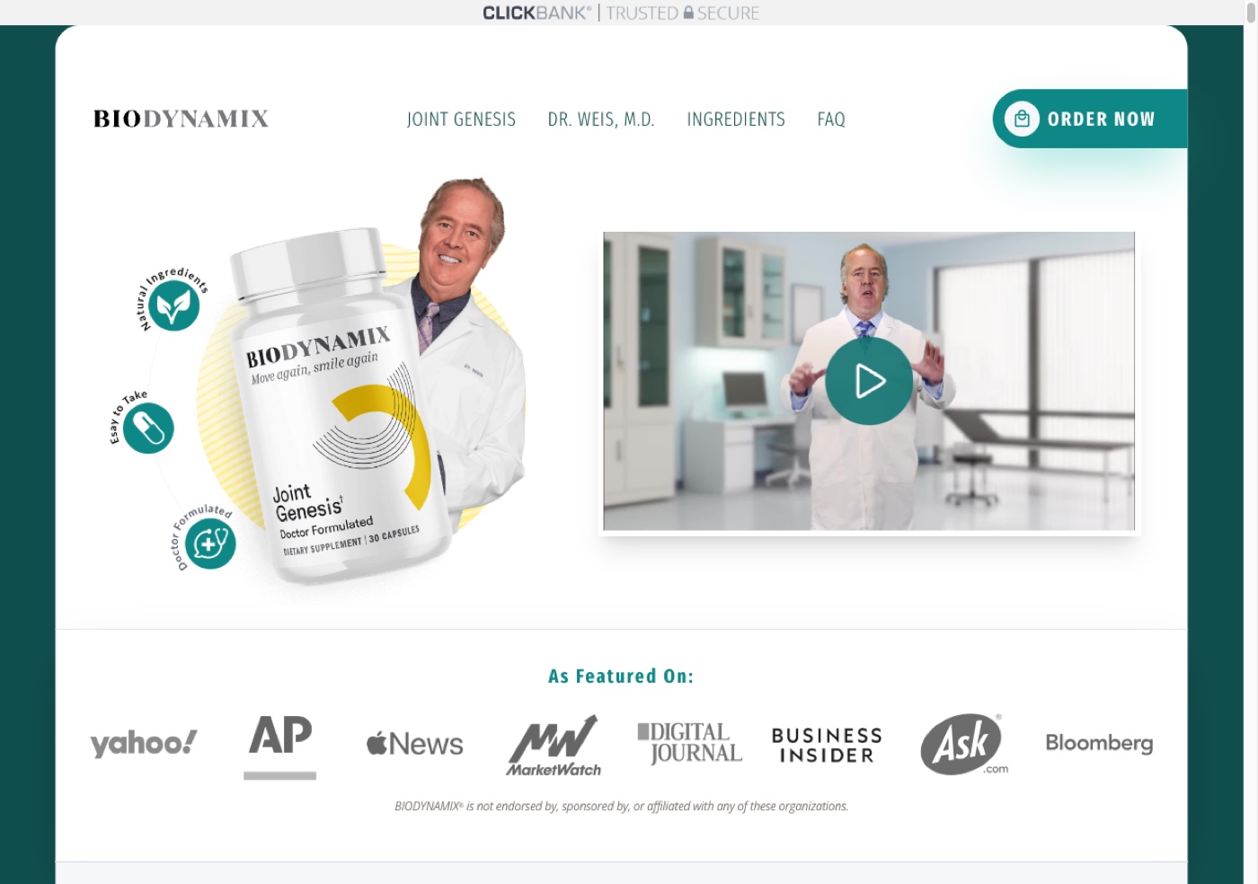 Joint Genesis sales page headline reading Join the Thousands of U.S. Seniors Enjoying Comfortable, Flexible and Youthful Joints Thanks to Joint Genesis, from the desk of Dr. Mark Weis, M.D.