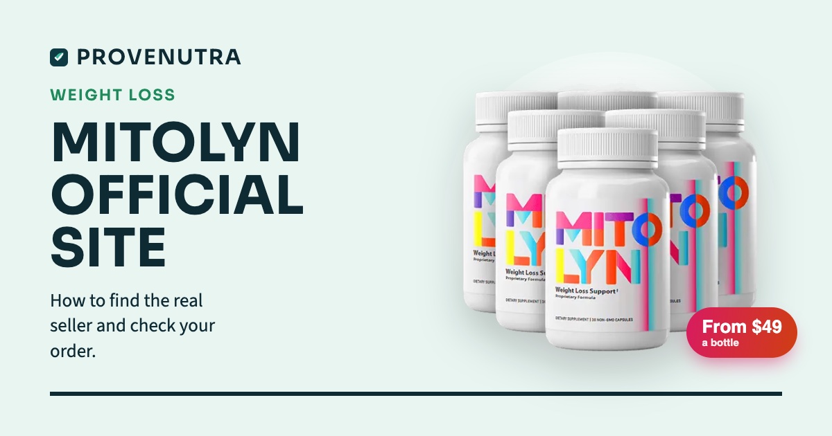 ProveNutra card reading Mitolyn official site, with six bottles of Mitolyn and a price chip of from $49 a bottle