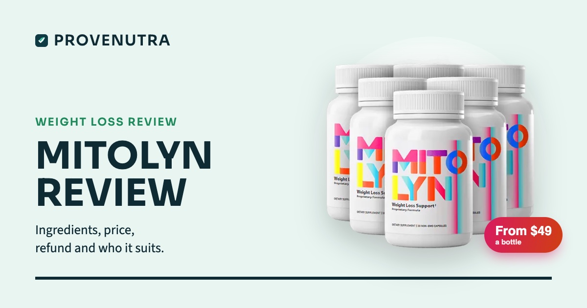 ProveNutra card reading Mitolyn review, with six bottles of Mitolyn and a price chip of from $49 a bottle