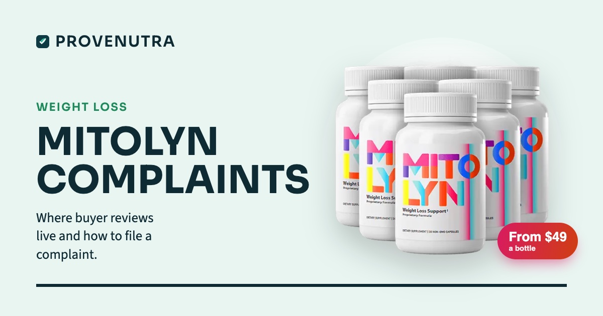 ProveNutra card reading Mitolyn complaints, with six bottles of Mitolyn and a price chip of from $49 a bottle
