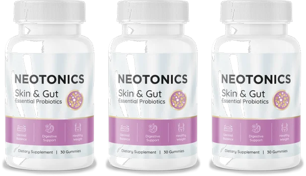 Three bottles of Neotonics skin and gut probiotic gummies