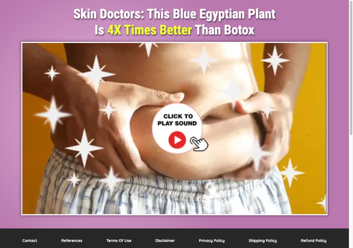 Neotonics sales page headline reading Skin Doctors: This Blue Egyptian Plant Is 4X Times Better Than Botox, with the footer links and FDA disclaimer