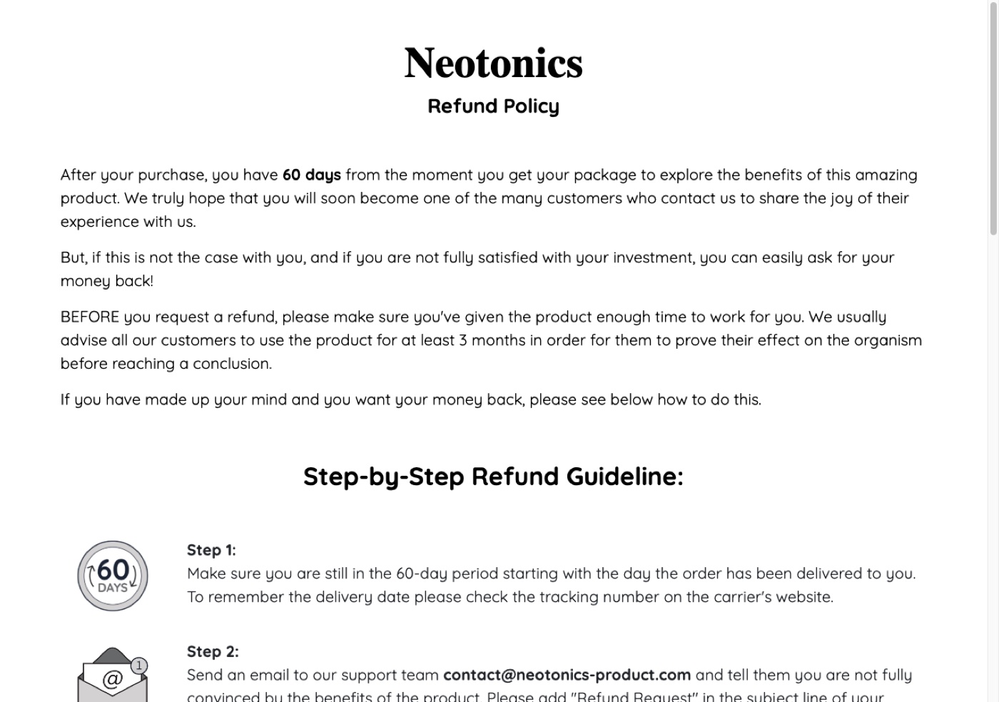 Neotonics refund policy page stating 60 days from the moment you get your package