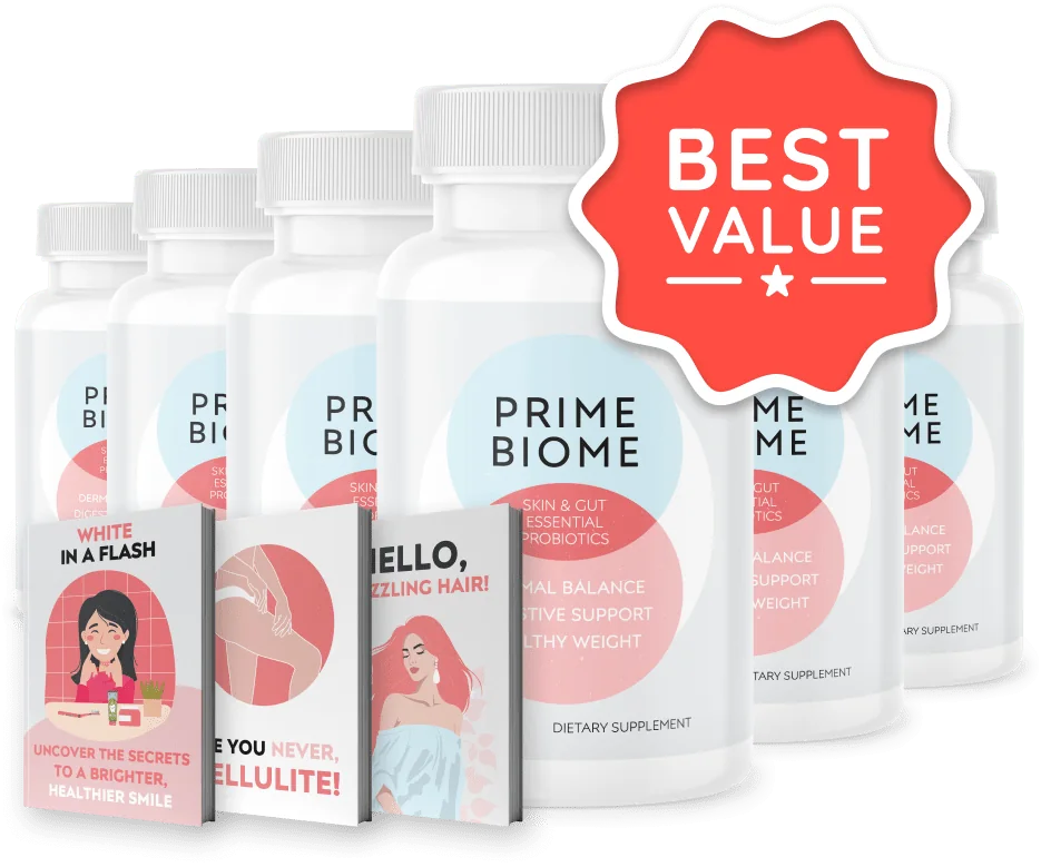 Six bottles of PrimeBiome gummies, the 180-day package