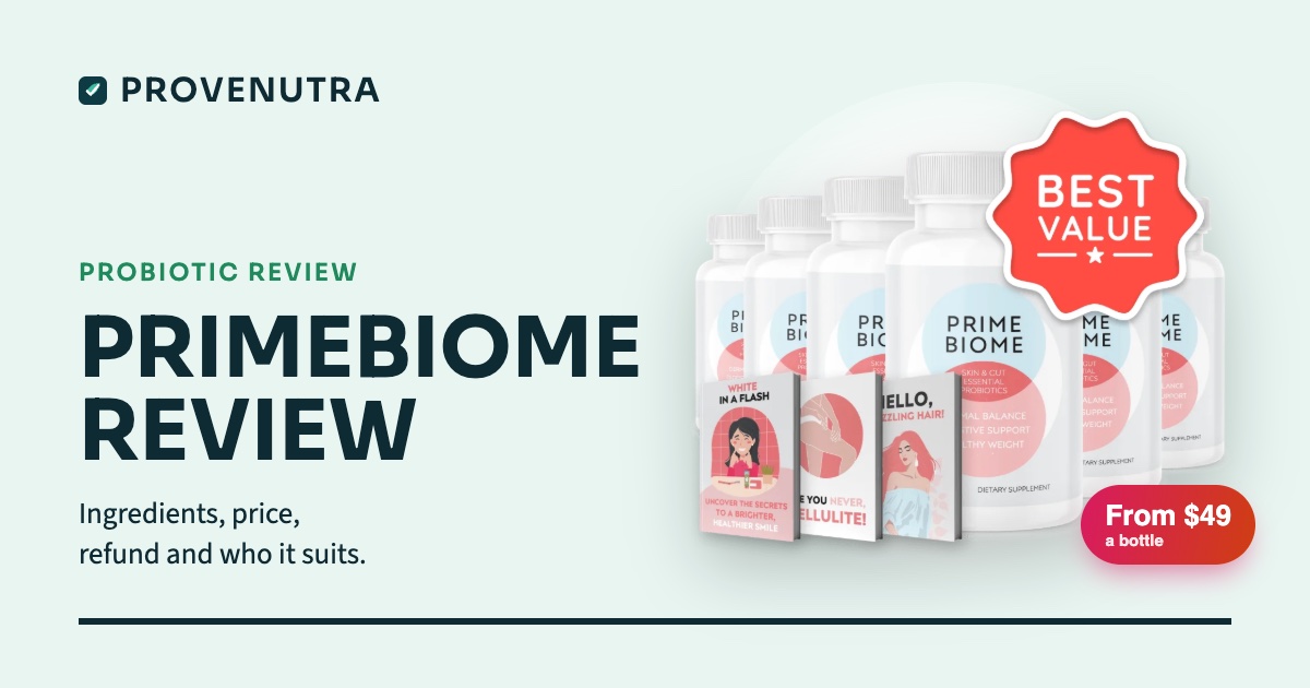 ProveNutra card reading PrimeBiome review, with six bottles of PrimeBiome gummies and a price chip of from $49 a bottle