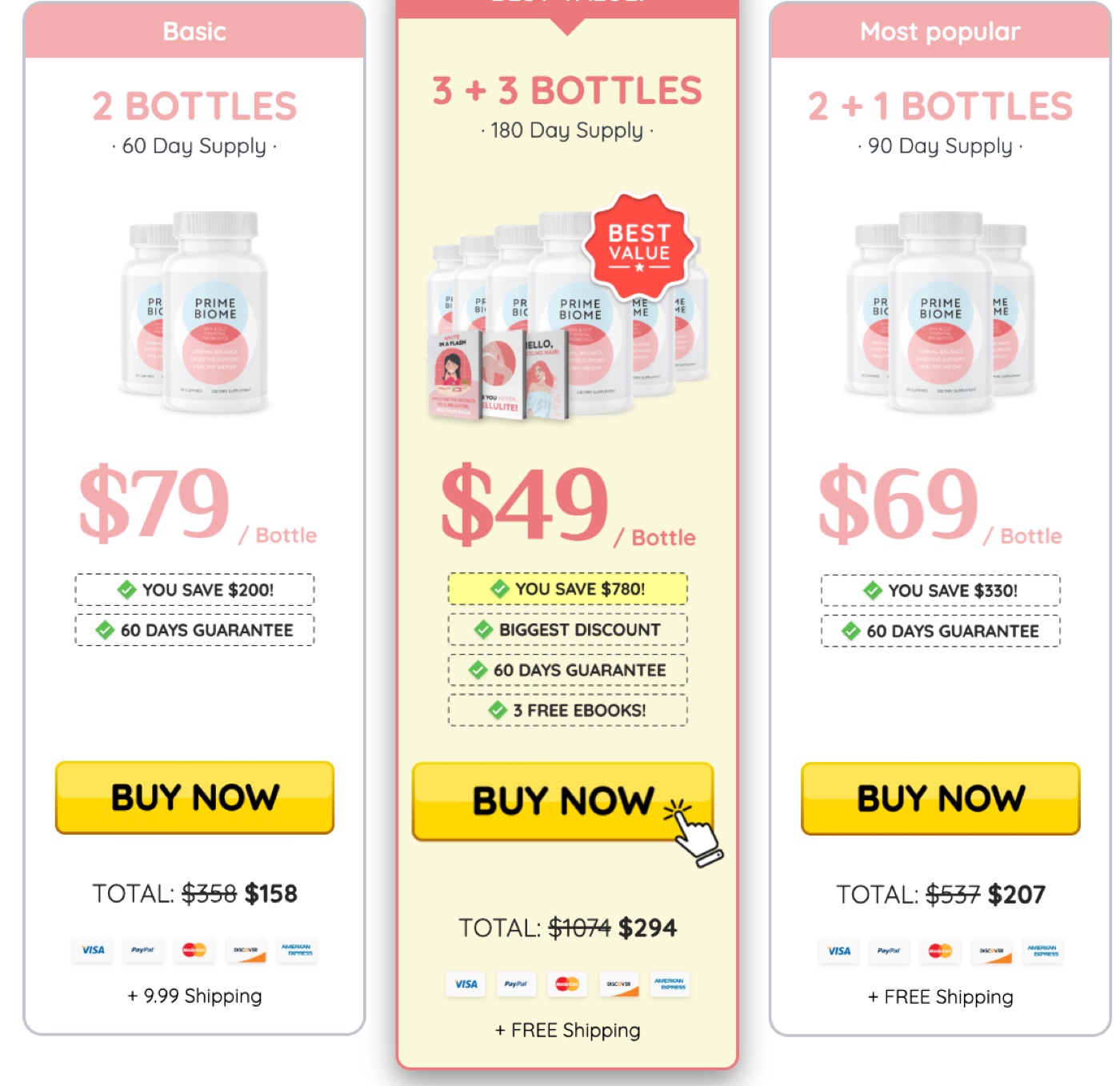 PrimeBiome price cards: 2 bottles $158 plus $9.99 shipping, 3 bottles $207 with free shipping, 6 bottles $294 with free shipping