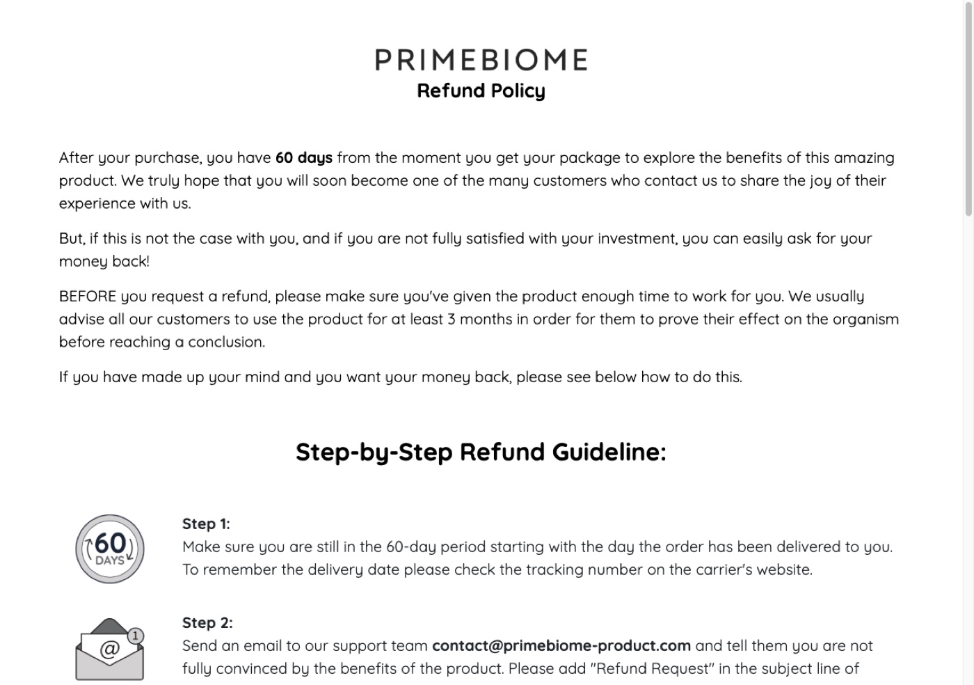 PrimeBiome refund policy page stating 60 days from the moment you get your package