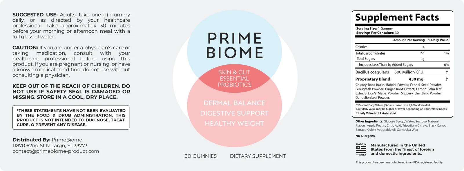 PrimeBiome Supplement Facts label showing Bacillus coagulans 500 million CFU and a 430 mg proprietary blend of nine plants